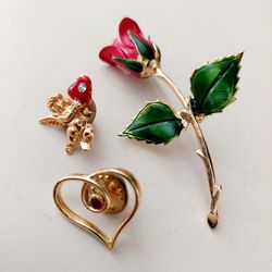 Set of 3 Love Themed Women's Girl's Ladies Lapel Pins Brooches, A single gold heart, A baby cherub and a single rose. Pre-owned in like new condition.