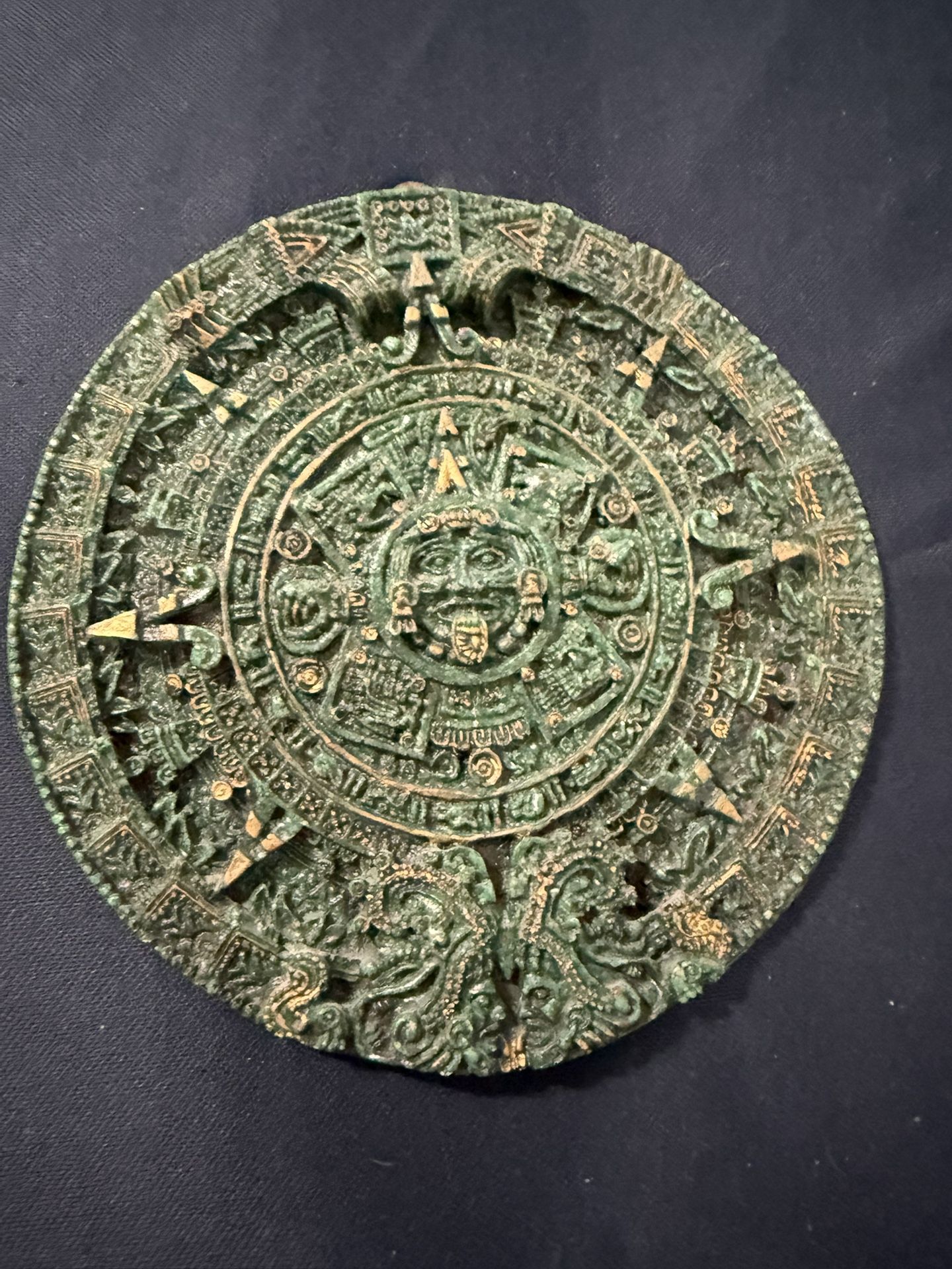 Mayan Calendar Raised Wall Plaque Chariots Of The Gods Ancient Aliens 7.5”~Green & Gold