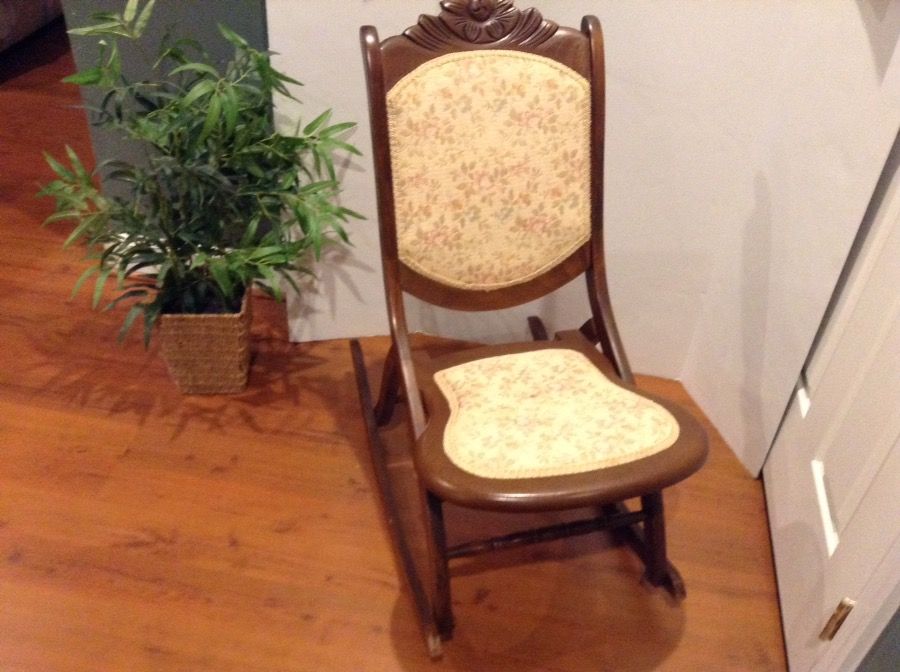Rocking Chair Wooden Carved w Tapestry Fabric Vintage USA Made Great