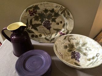 Serving Platter and Bowl, hand painted Pitcher made in Italy; salad plates