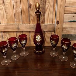 Vintage Ruby Red and Gold Hand Painted Bohemian Murano Glass Set