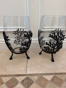 Set of 2 Glass & Iron Decorative Candle Holders