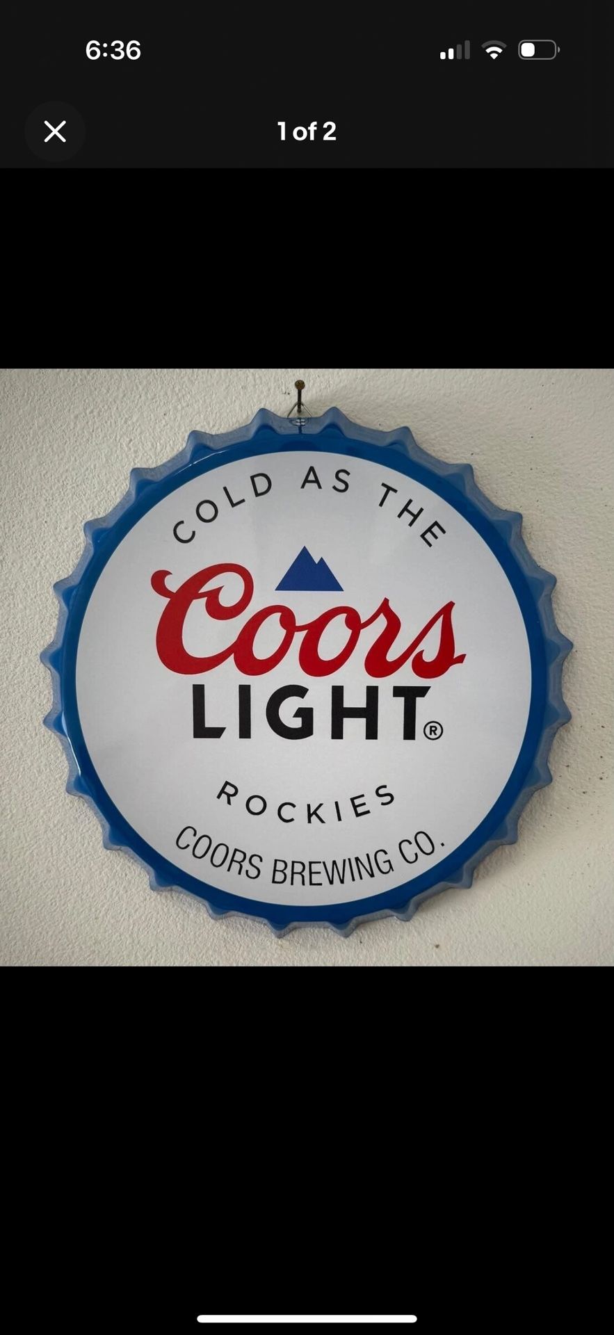 Coors Light 14” Metal Tin Bottle Cap