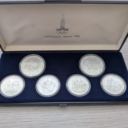 1980 Moscow USSR 6 Coin Silver Set 5 & 10 Rubles 4.35 oz Silver German Case UNC
