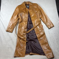 Vintage Wilsons Maxima Leather Long Trench Coat Brown Womens Sz XS 90s belt