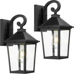 Outdoor Wall Lights, HWH Exterior Lighting Fixtures, Wall Lighting, Retro Outdoor Porch Light with Seeded Glass, Matte Black Finish, 2 Pack
