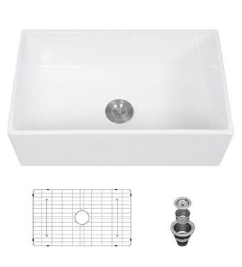 New Lordear 30 Inch White Farmhouse Kitchen Sinks Apron Front Flat Fireclay Porcelain Ceramic Farmer