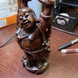 6” Hand Carved Wooden Statue Of Laughing Buddha 