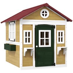 Wooden Playhouse for Kids Outdoor with Doors, Windows, Planter Pots and Boxes for Toddlers 3-8 Years, Beige
