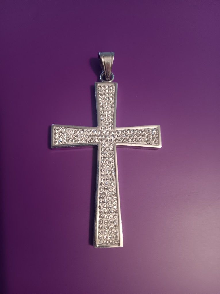 Large 9SQ Stainless Steel Silver Crystal Gem Holy Cross Pendant
