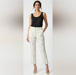 Trina Turk cream metallic gold textured patterned high rise ankle slit pants, size 2 Made in California