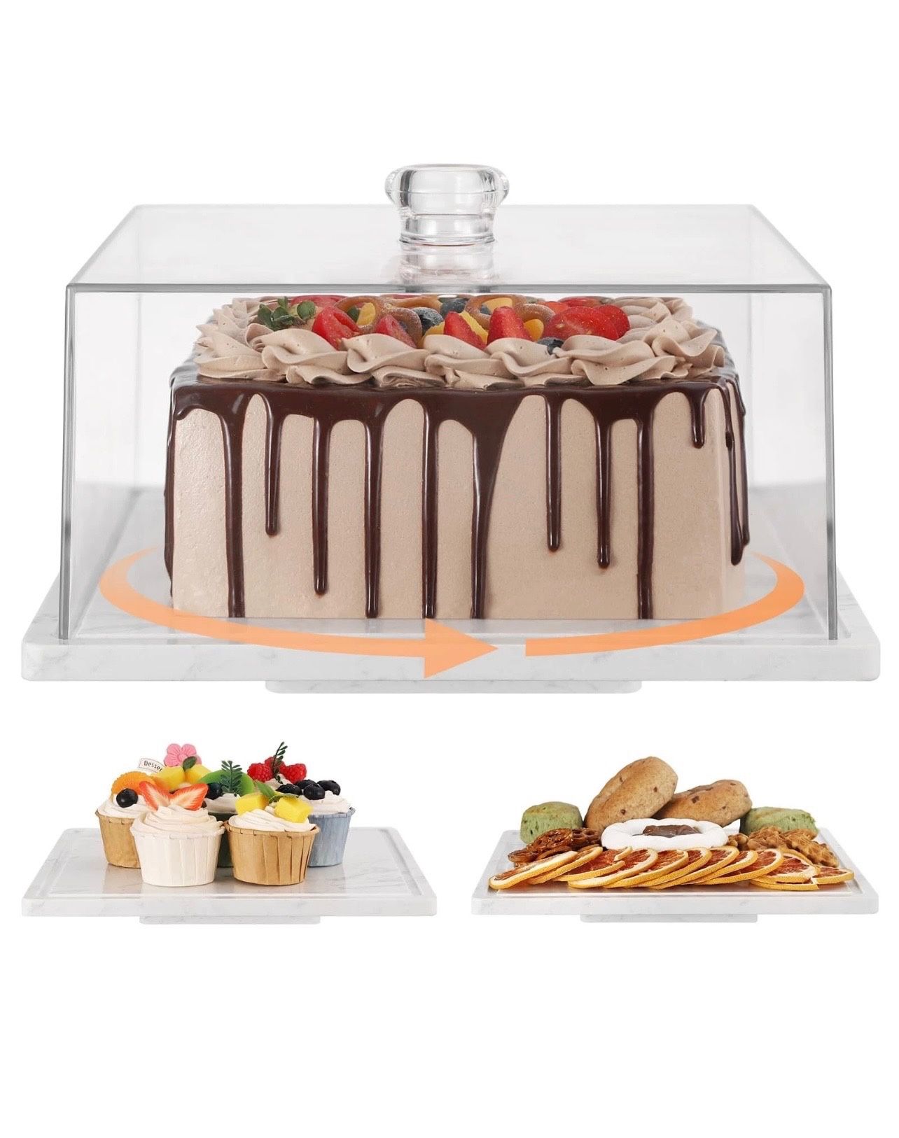 BRAND NEW IN BOX Square Cake Charcuterie Rotatable Stand Board w/Lid Marble Cake Plate w/ Acrylic Cover
