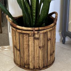 16”h Vintage Tortoise Bamboo and Wicker Planter Basket