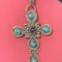 Large Cross Pendant Silver With Turquoise Color And Purple Stones Used Chain Sold Separately 