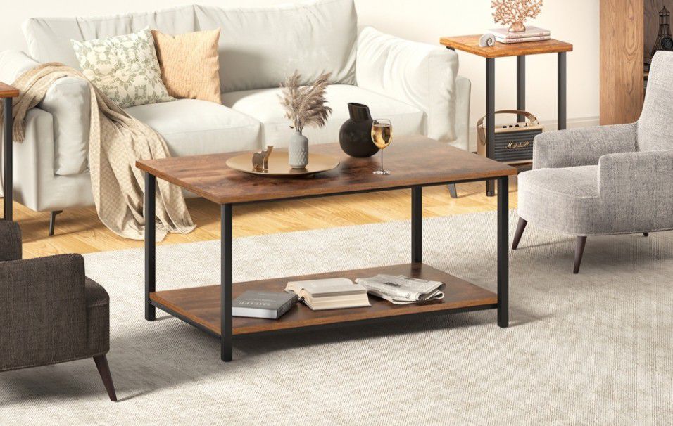 Small Brown Rectangle Wood and Metal Coffee Table with Storage Shelf for Small Living Rooms

