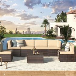 U-MAX 7 Piece Outdoor Patio Furniture Set, PE Rattan Wicker Sofa Set, Outdoor Sectional Furniture Chair Set with Cushions and Tea Table, Brown