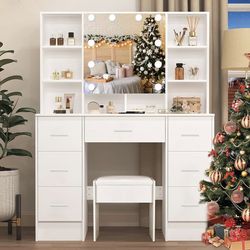 Vanity Desk with Mirror Lights, Makeup Desk with 7 Drawers and Cabinet, 3 Lighting Modes, White Dressing Table Set with Stool for Bedroom Brand New st