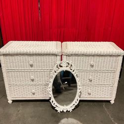 Pair of matching white wicker dressers w/ ornate white mirror - Good condition - See pics