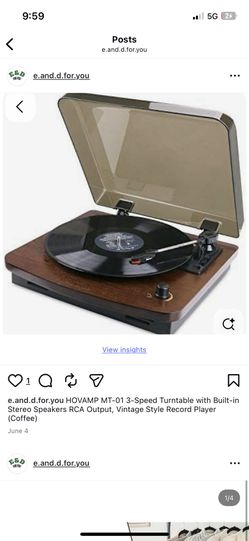 HOVAMP MT-01 3-Speed Turntable with Built-in Stereo Speakers RCA Output, Vintage Style Record Player (Coffee)