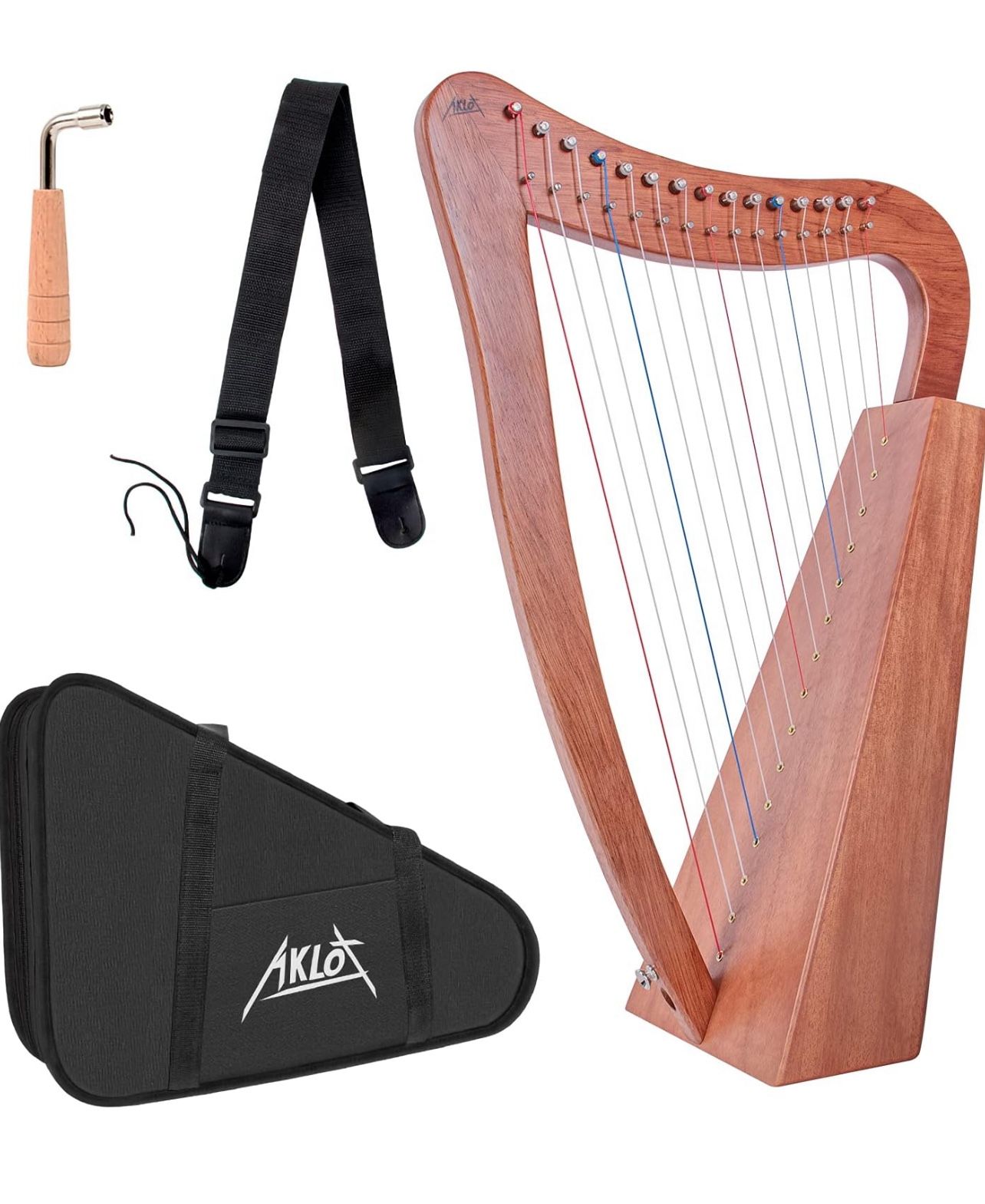 AKLOT 15 Strings Mahogany Harp 22 Inch Height for Adult Professional Beginner with Tuning Wrench,Black Gig Bag,Strap (NO Spare String, International S