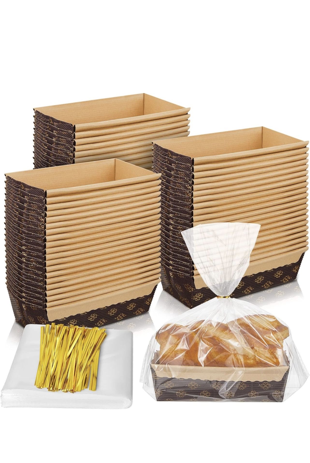 75 Sets Paper Loaf Pans for Baking 6 x 2.5 x 2 Inches Disposable Paper Baking Loft Mold Plastic Bread Bags Clear Bread Bag with Ties Bread Storage Bag