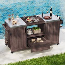 K&K 66.5" Outdoor Kitchen Island for Big Green Egg Grills, Solid Wood Outdoor Grill Cart for Tabletop Grill with Stainless Steel Top, Drawer, Compatib