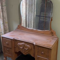 ESTATE SALE FIND— Antique Art Deco Tri-Mirror Carved Wooden Vanity