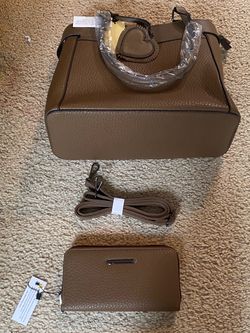Brown Pebbled Handbag Set with Wallet and Strap