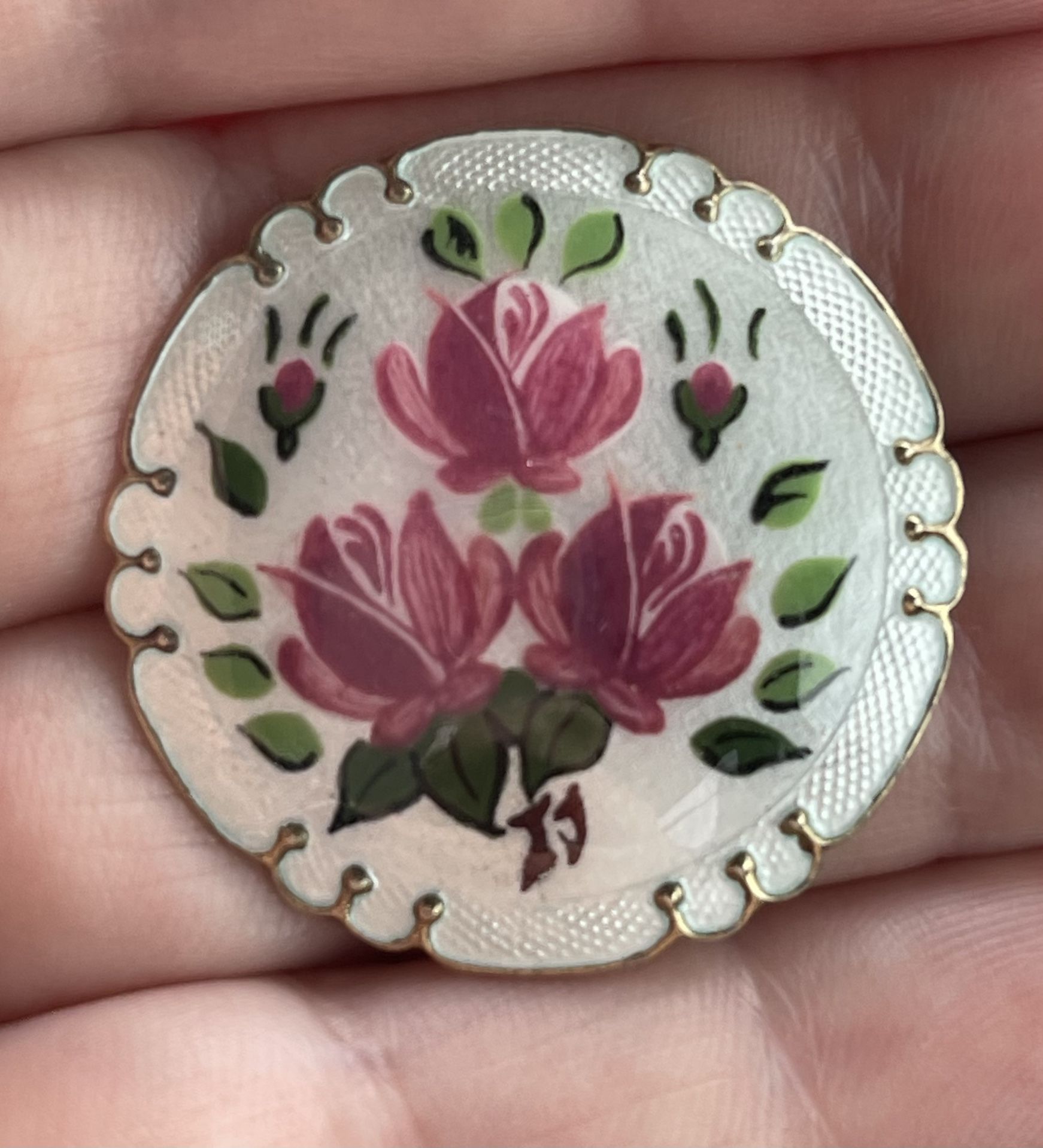 Aksel Holmsen Guilloche Enamel Sterling Silver Norway 925S Roses C Clasp Brooch