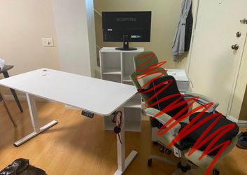 White Electric Standing Desk with drawers and bookshelf
