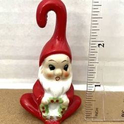 Vintage Mid Century Hand Painted Porcelain Elf with Wreath & Hook Hat