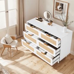 6 Drawer Dresser Rattan Dresser Modern Chest with Drawers, White And Charger 