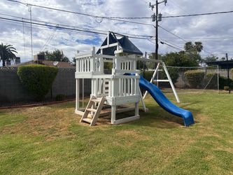 Outdoor Wooden Playset with Slide and Swing Set