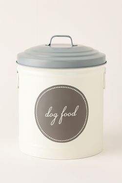 Stylish metal dog-food canister — cream body with gray lid, secure handle, and side grips. Great for keeping kibble fresh and your kitchen tidy. Light