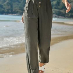 Frenchy High Waist Button Fly Fold Pleated Pants