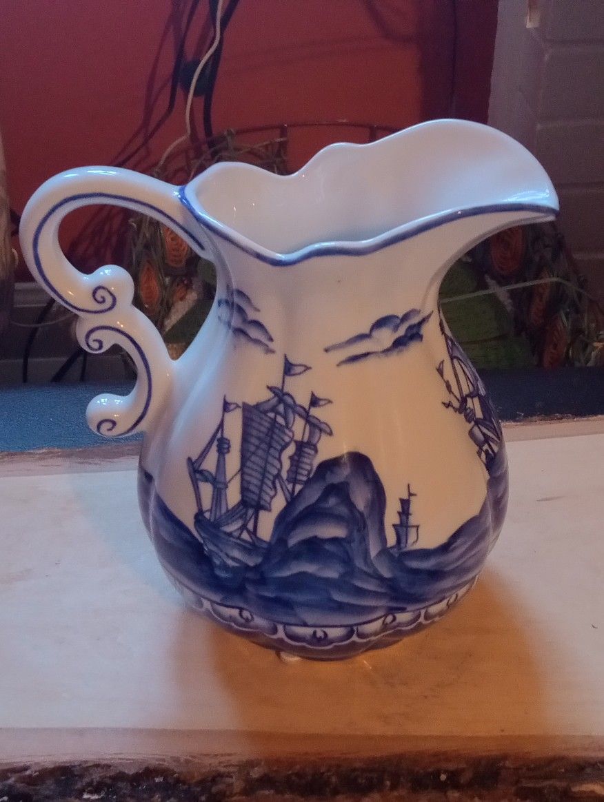 Vintage "Andrea" By Sadek Blue And White Ship/ Sailboat Pitcher