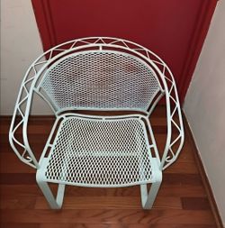 Vintage Mid Century Modern White Metal Mesh Patio Chair Wrought Iron Retro Garden