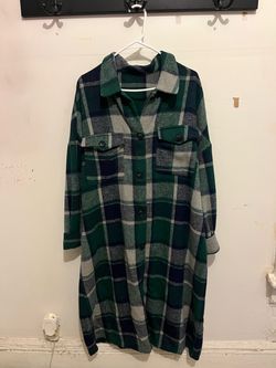 Woman’s Green Plaid Long Shacket Button - Front Shirt Jacket