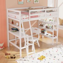 Twin Size Loft Bed with Desk & Bookshelves