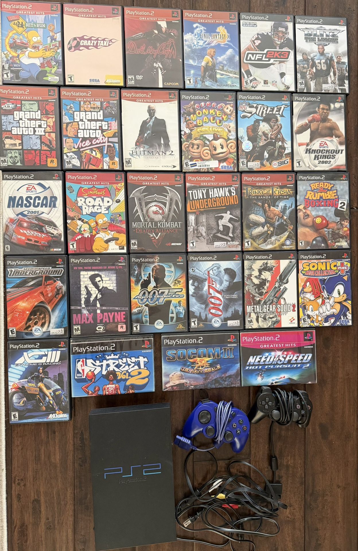 PlayStation 2 Bundle – PS2 Console + 28 Games + 2 Controllers + All Cables – Great Condition