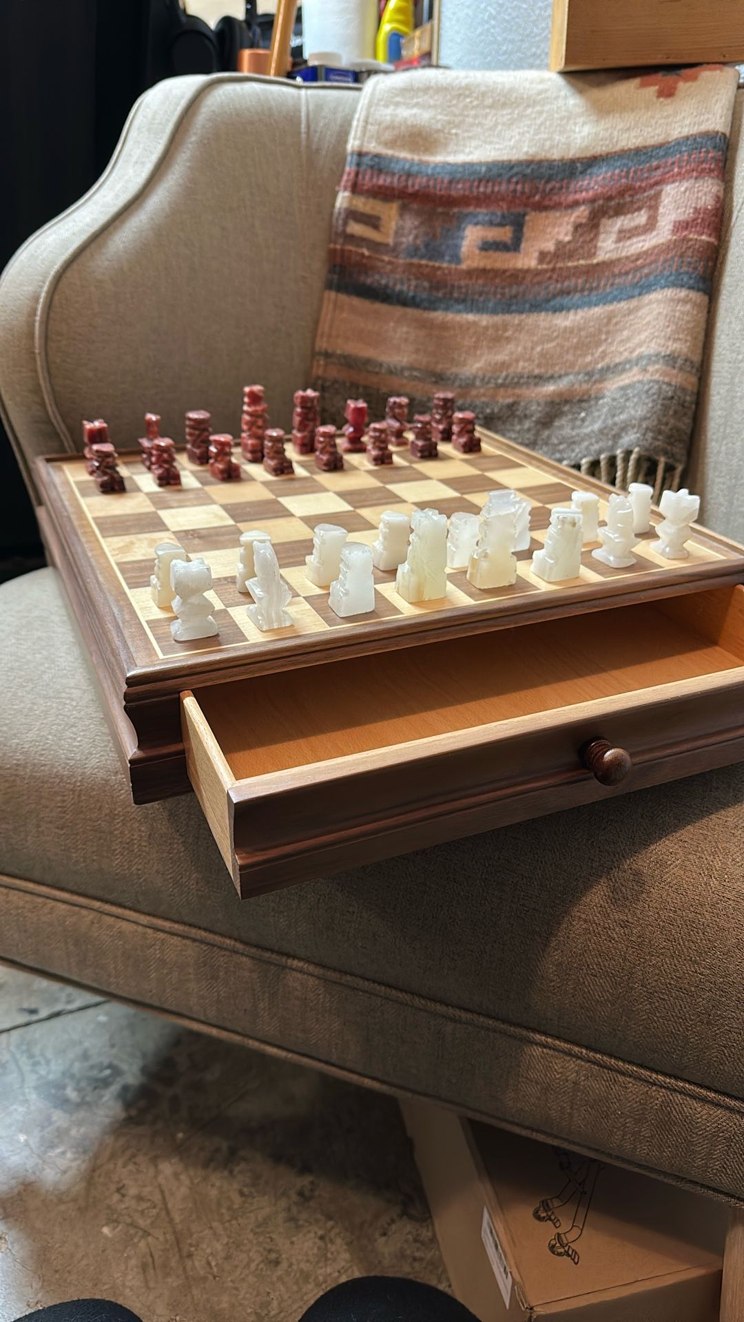 Chess Board With Drawer And Stone Pieces 