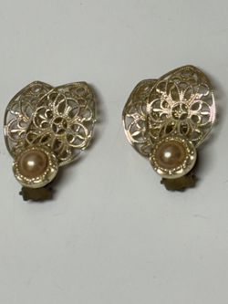 Vintage Gold-Tone Filigree & Faux Pearl Clip-On Earrings