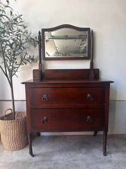 Antique Oak Vanity Dresser with Tilting Mirror & Casters