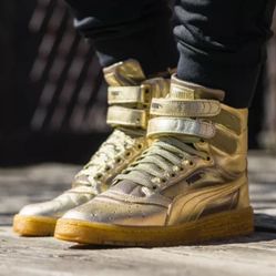 Puma Gold Metattic Leather High Top Sneakers Brand New