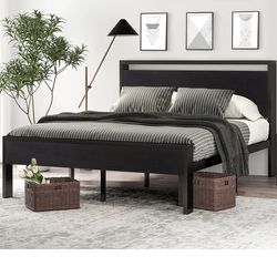 O17 $80 ❤️ 14 Inch Queen Size Metal Platform Bed Frame with Wooden Headboard and Footboard, Mattress Foundation, No Box Spring Needed, Large Under Bed