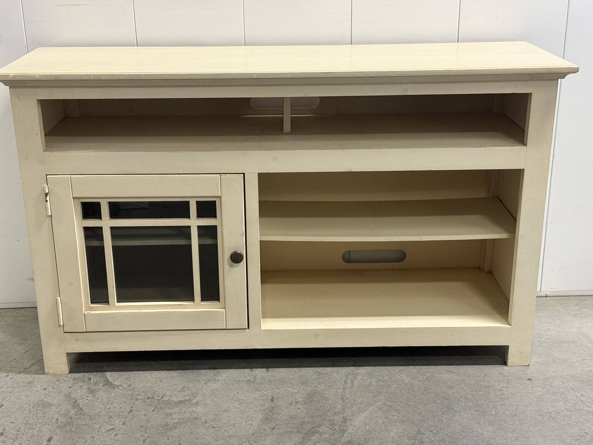 Charming Cream Media Console / TV Stand – Glass Door & Shelving