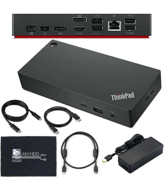 40AY0090US Docking Station Dual Monitor - Docking Station USB C, Thinkpad Dock with AC Adapter + HDMI Cable + DisplayPort Cable + USB C Cable + Microf