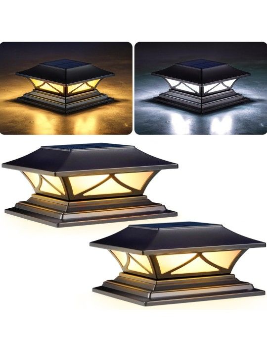 Solar Post Cap Lights 2 Pack, Solar Post Lights Outdoor Waterproof with 2 Color Modes, IP44 Deck Solar Powered for 4x4, 5x5, 6x6 Vinyl/Wooden Posts, D