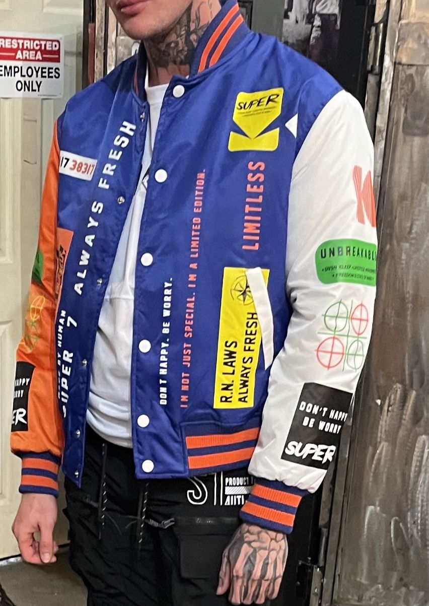 Men’s varsity bomber jacket, size, small, and medium available