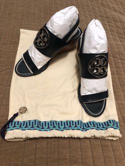 TORY BURCH Navy Leather Wedge Sandals